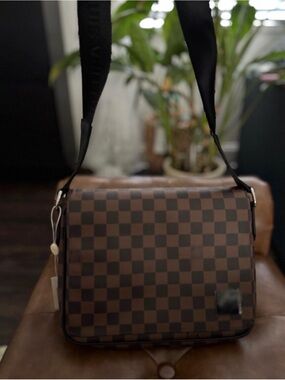 Men's Brown Checkerboard Messenger Bag with Adjustable Strap